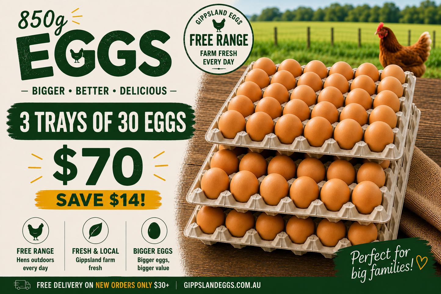 SALE | Free Range Eggs β 3 Trays (90 Eggs) 850g